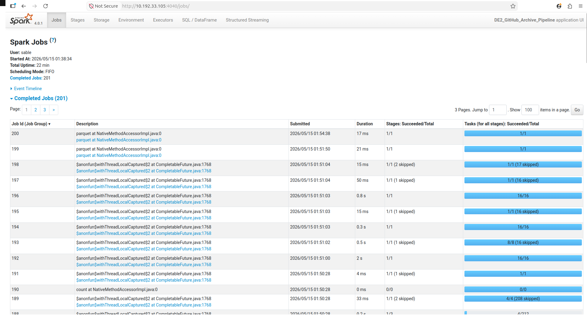 Spark UI - Jobs du projet final